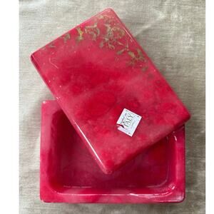 Volterra Italy Hand Carved Alabaster Swivel Lid Trinket Box red gold rectangular